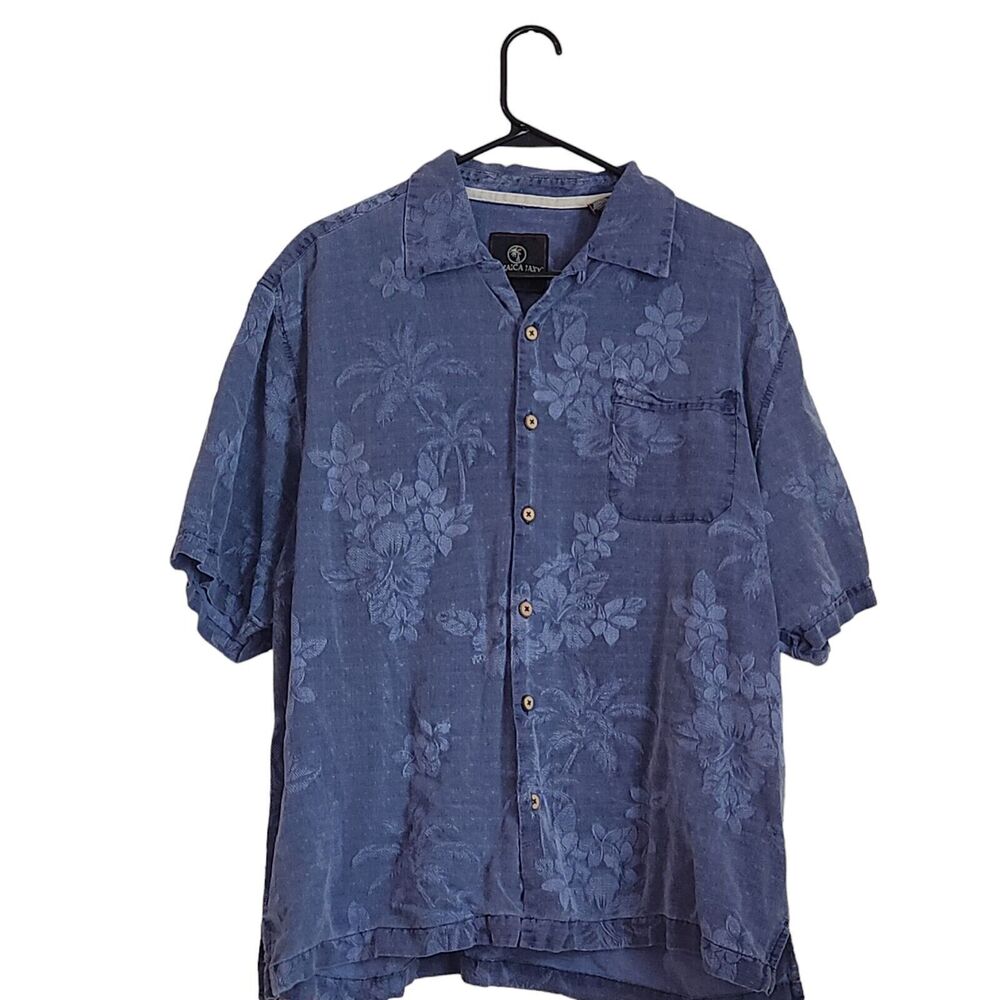 Jamaica Jaxx Hawaiian‎ Shirt  Blue Silk Button Aloha Jacquard Leaf Men's Size L